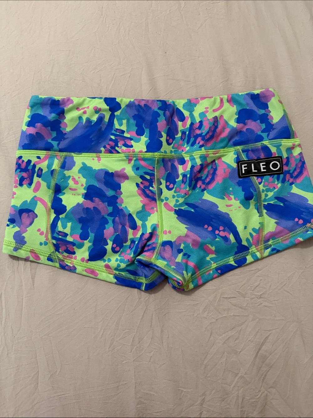 Fleo Neon Lime Floral Performance Bike Shorts with Blue & Purple Accents